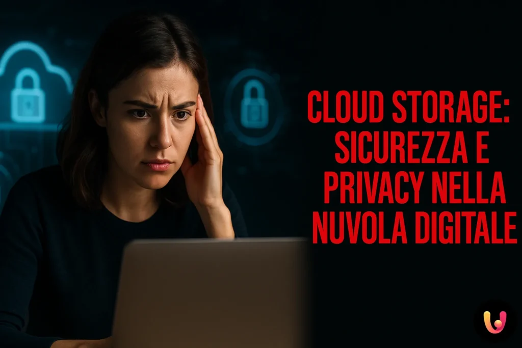 Personne inquiète avec des symboles numériques et des nuages symbolisant le stockage cloud et la sécurité en ligne