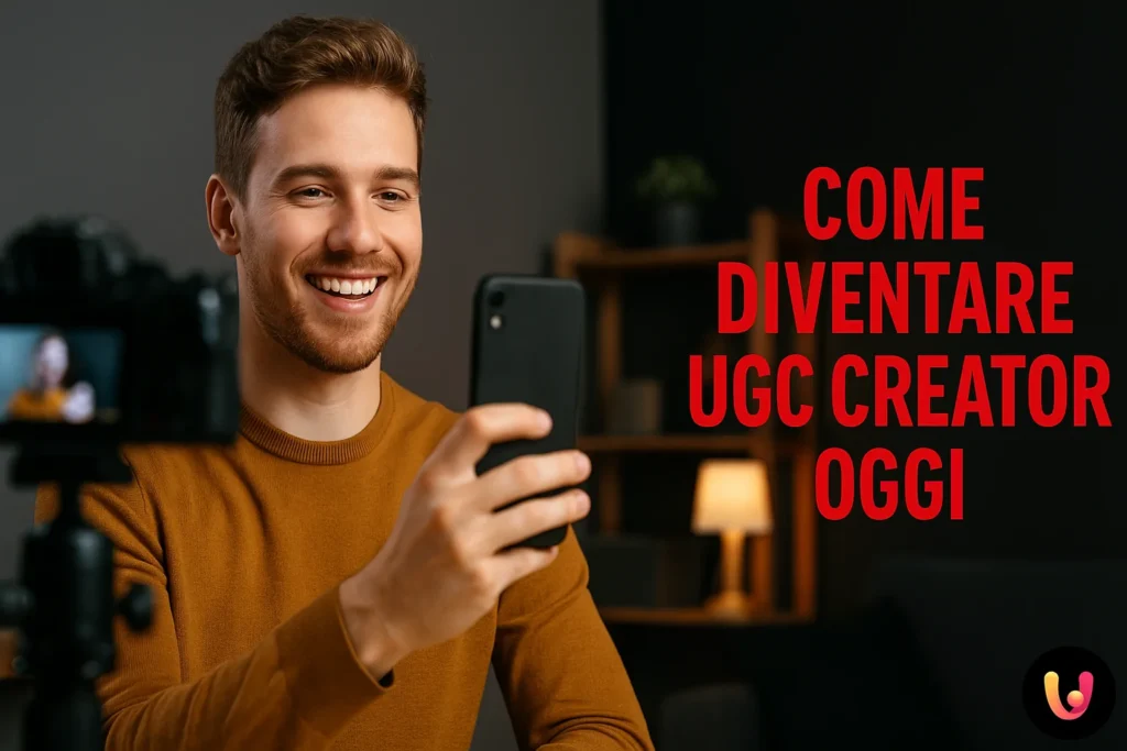 Giovane diventa ugc creator. Sorride mentre registra un video con lo smartphone
