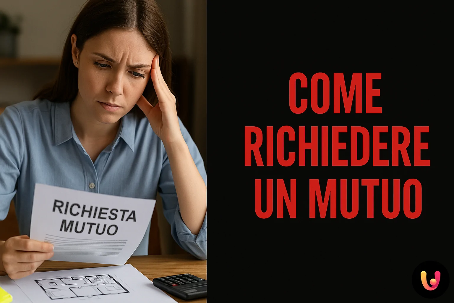 Come Richiedere un Mutuo: Guida Passo Passo 2025 Persona riflessiva con documenti e calcolatrice sul tavolo, mentre consulta informazioni per richiedere un mutuo