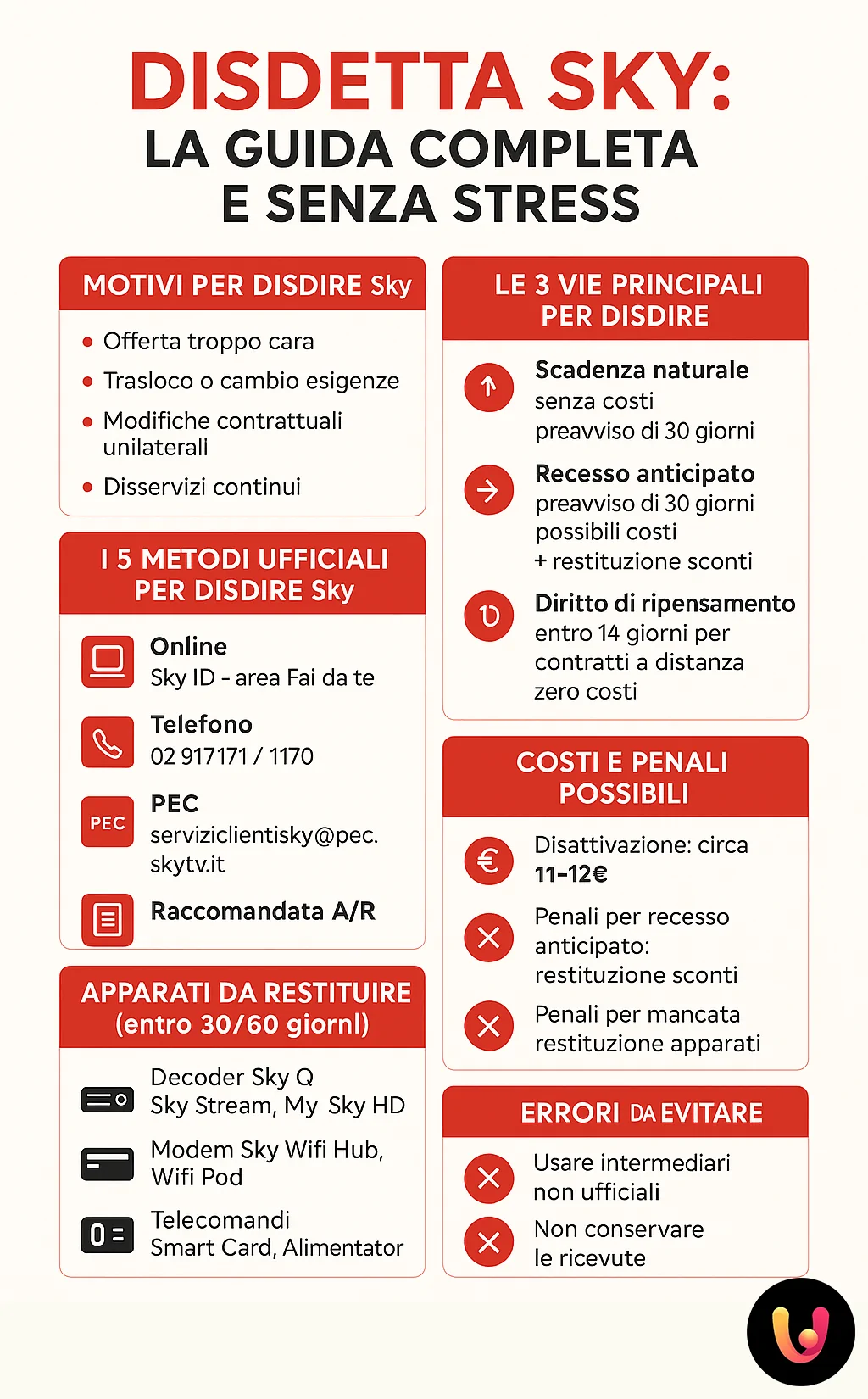 Infografica disdetta Sky con metodi, costi, penali e restituzione apparati