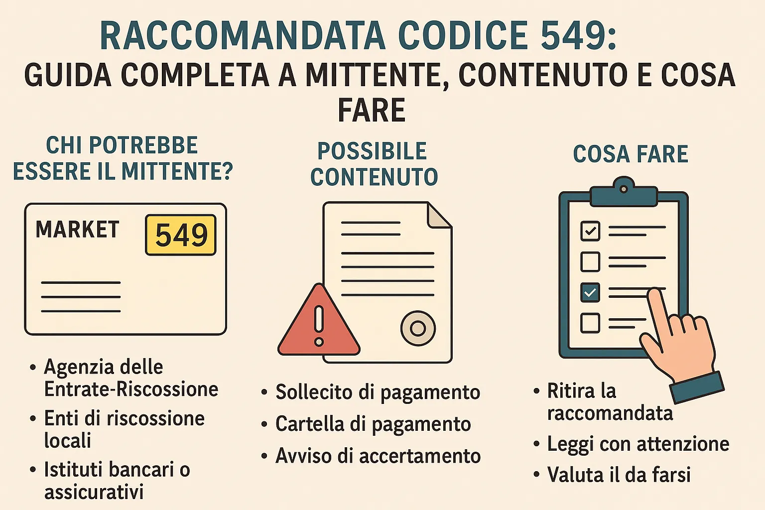 Infografica chiara e immediata per comprendere mittente, contenuto e azioni da intraprendere in caso di raccomandata con codice 549. Utile per professionisti e cittadini.