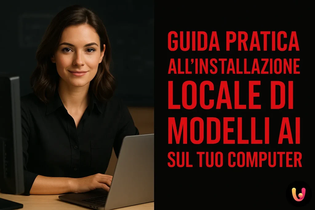 Leitfaden zur lokalen Installation von KI-Modellen auf dem Computer – Bild mit lächelnder Frau, Laptop, Tech-Schreibtisch