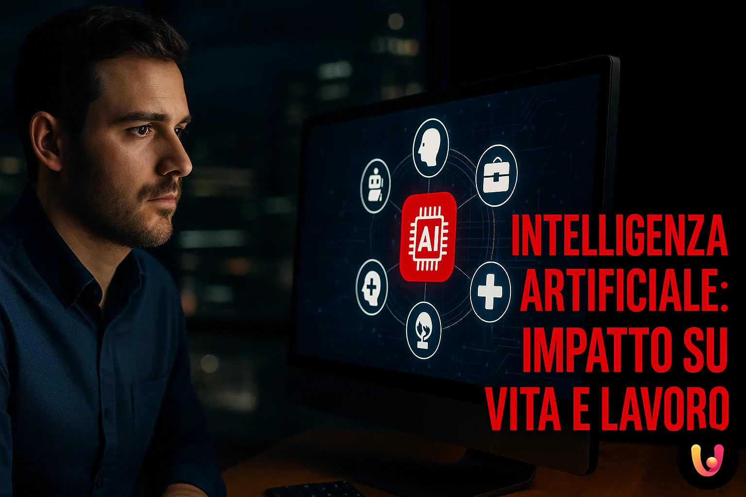 Intelligenza Artificiale e Lavoro: Impatti Reali e Futuro Uomo osserva uno schermo con icone digitali simboleggia l'impatto dell'intelligenza artificiale nella vita quotidiana e nel lavoro