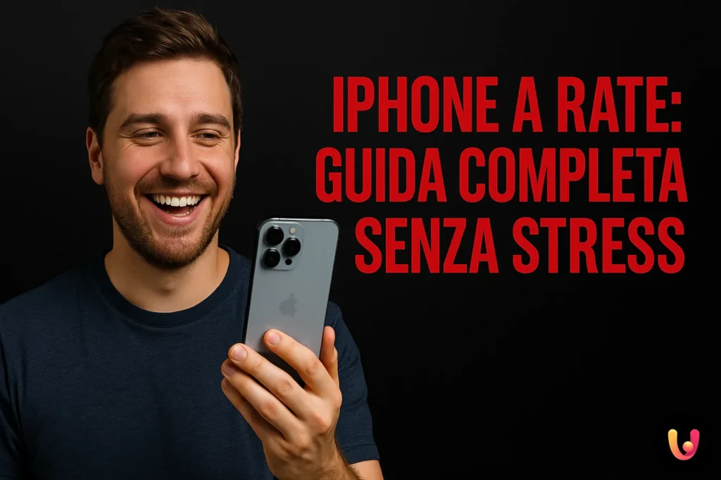 Homme heureux regarde un nouvel iPhone acheté en plusieurs fois