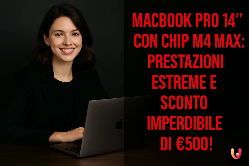MacBook Pro 14 M4 Max pe birou cu femeie zâmbitoare și text despre ofertă