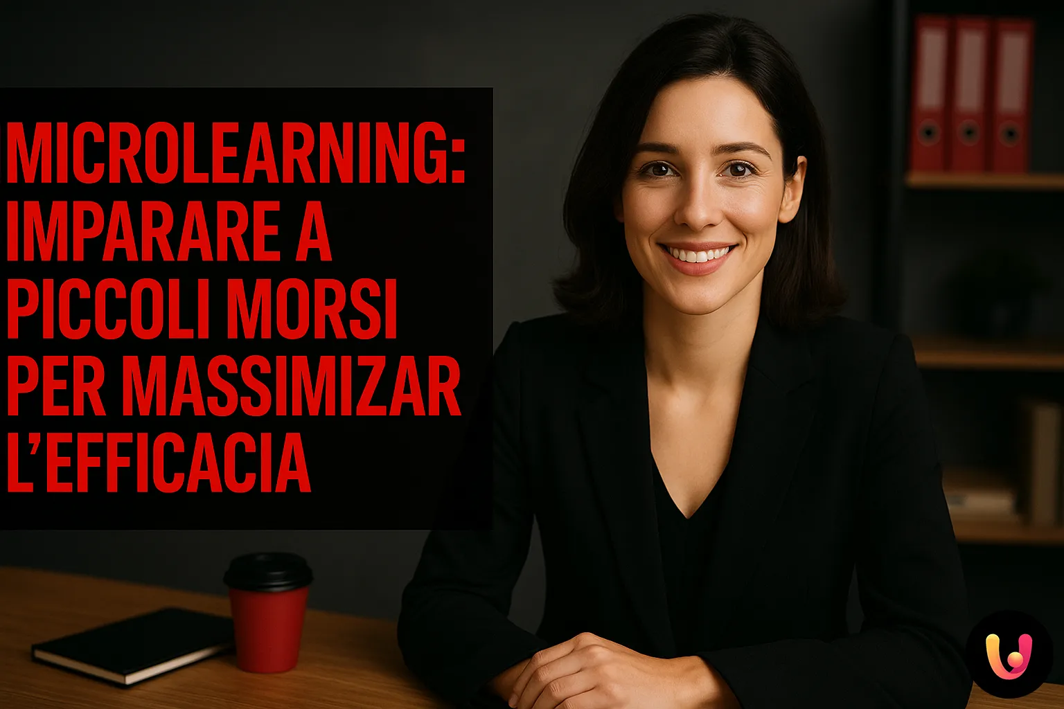 Microlearning: imparare a piccoli morsi per massimizzare l'efficacia Donna professionale sorride in ufficio moderno con testo sul microlearning