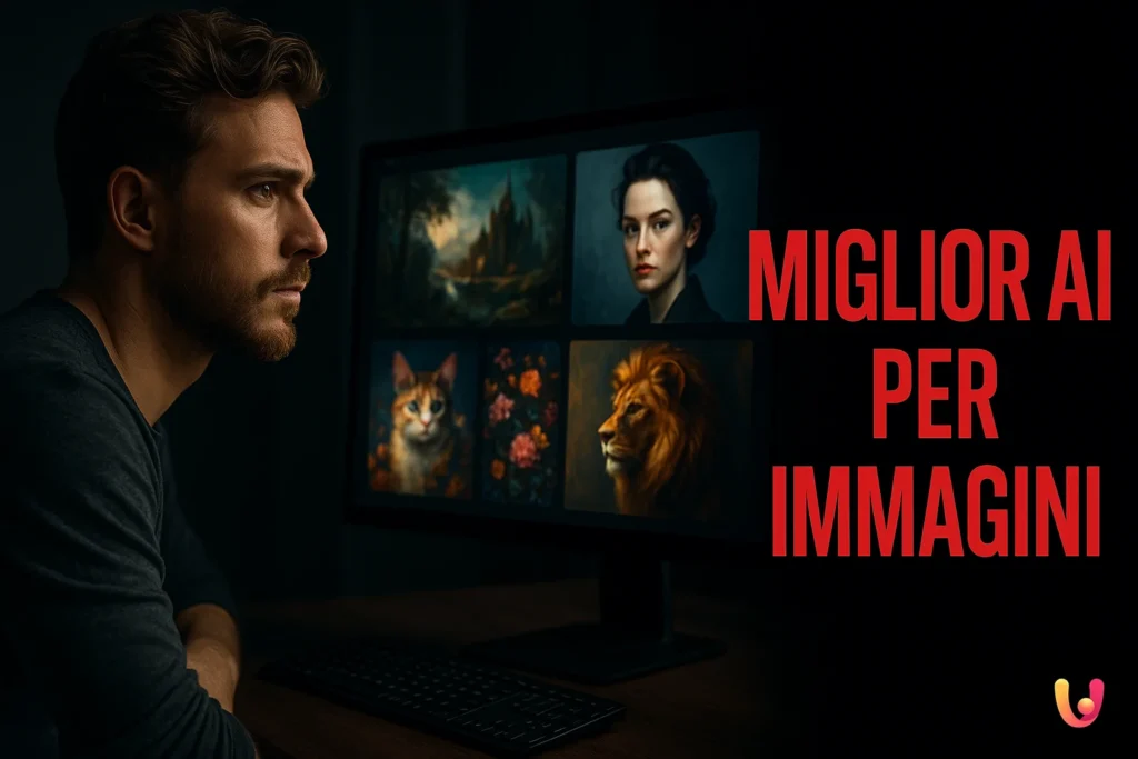 Uomo creativo che osserva immagini AI generate al computer