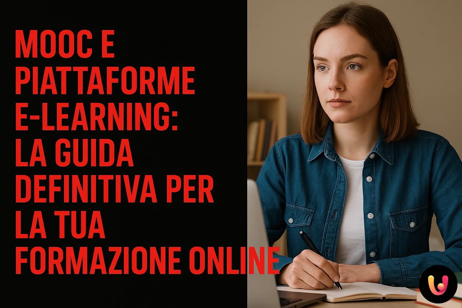 MOOC e Piattaforme E-learning: La Guida Definitiva per la Tua Formazione Online Donna sorridente con elementi grafici di e-learning e testo del titolo dell'articolo.