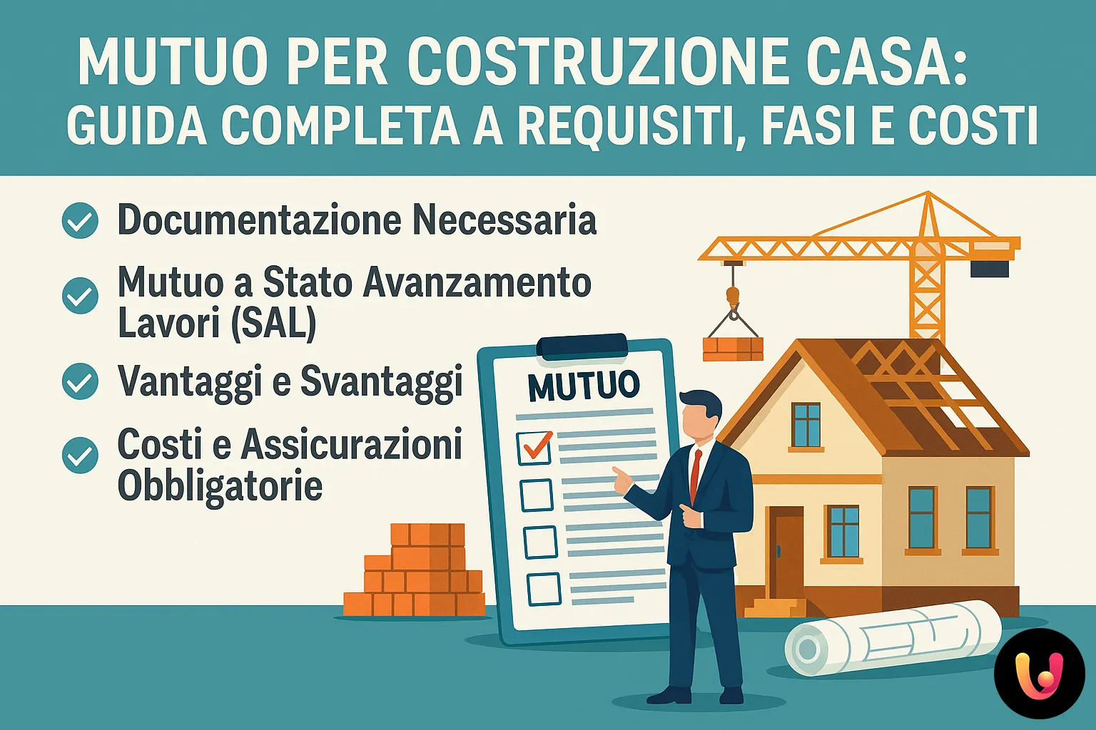 Mutuo per costruzione casa – guida completa requisiti, fasi e costi fumetto con un uomo con documenti e progetto casa in costruzione – guida al mutuo per costruzione casa