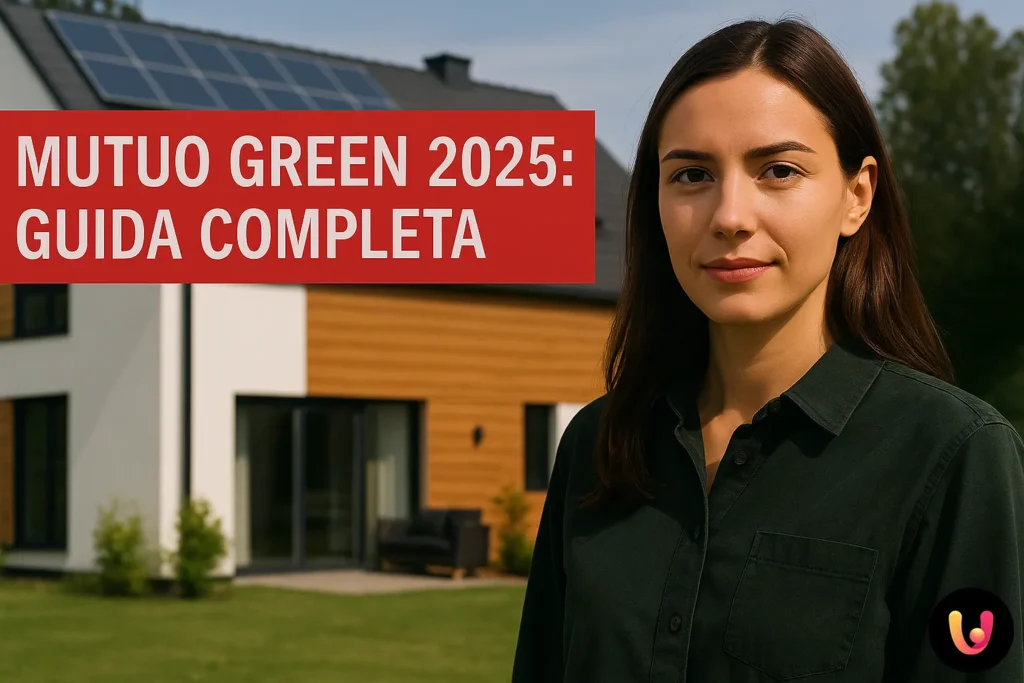 Donna davanti a casa sostenibile con pannelli solari, testo "Mutuo Green 2025: Guida Completa" in rosso su sfondo nero