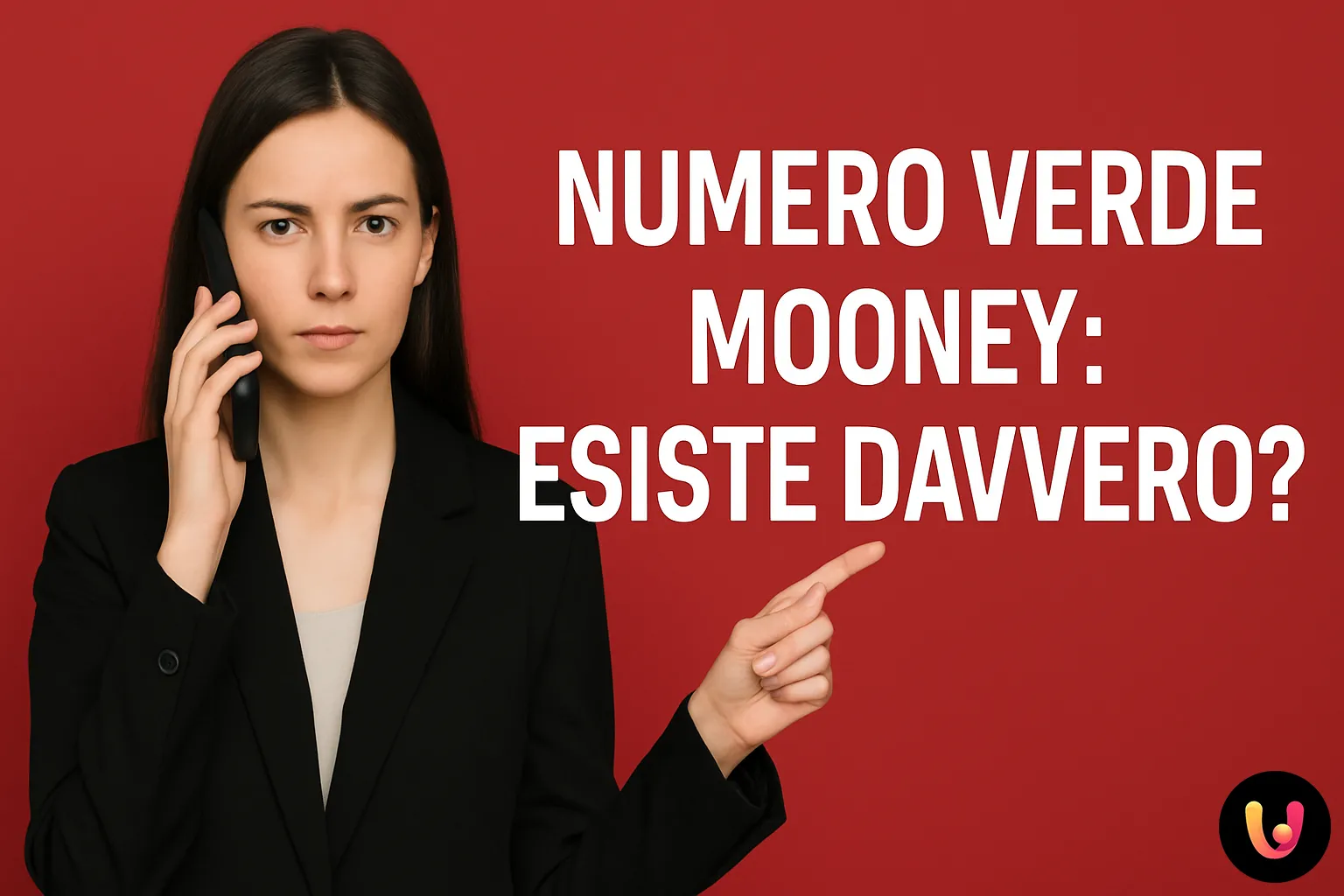 Numero Verde Mooney: Esiste Davvero? Tutte le alternative per contattare l'assistenza Donna seria al telefono che indica il testo “Numero Verde Mooney: Esiste Davvero?” su sfondo rosso