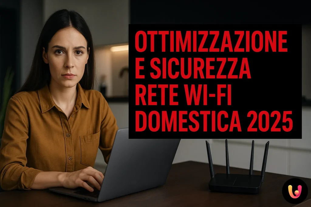 Optimizarea și Securitatea Rețelei Wi-Fi de Acasă Femeie serioasă lucrând la calculator cu router pe masă, text "OPTIMIZAREA ȘI SECURITATEA REȚELEI WI-FI DE ACASĂ 2025"