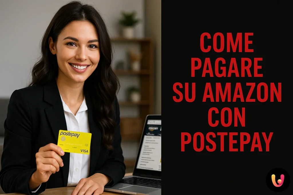 Donna sorridente con carta Postepay in mano mentre acquista su Amazon