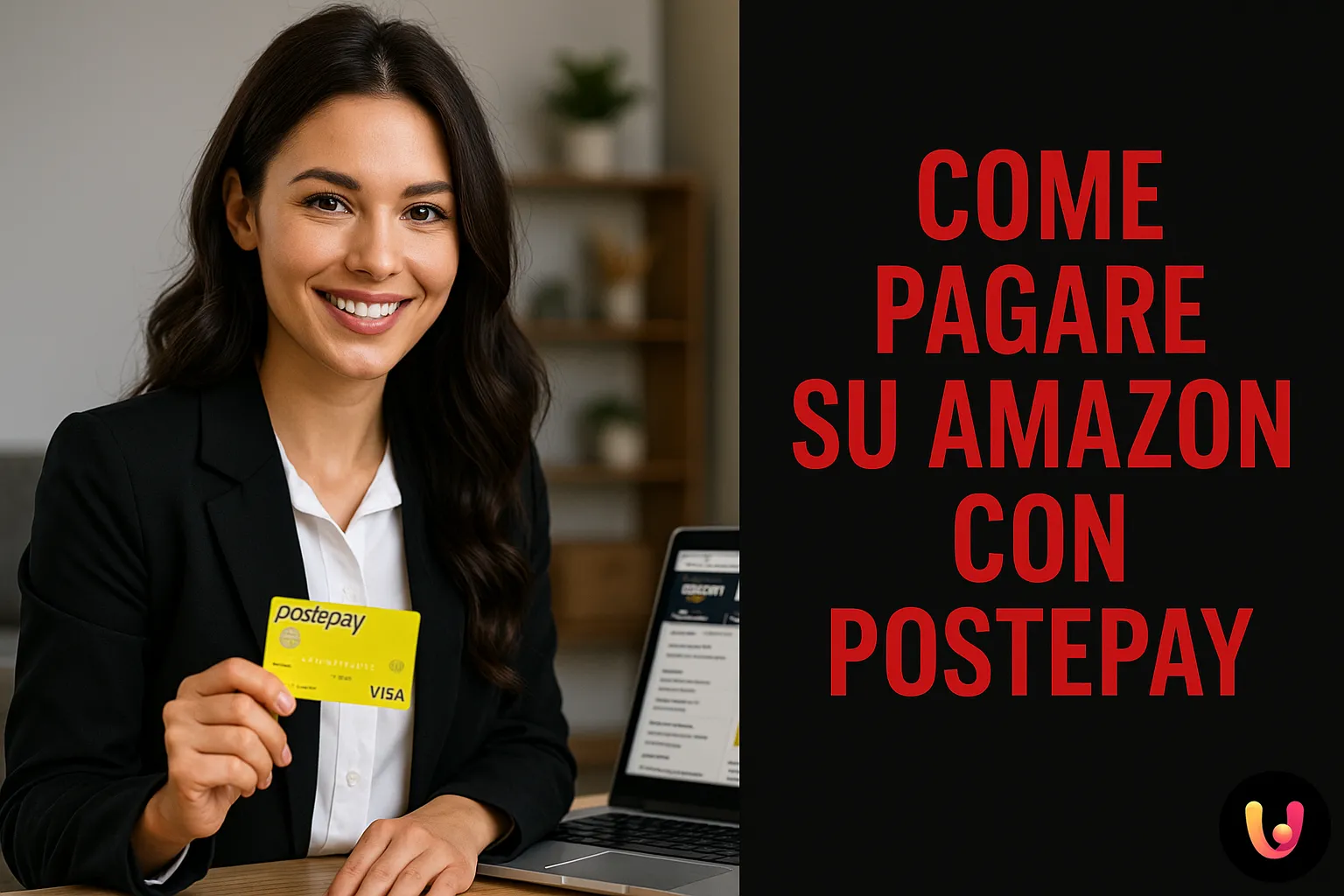 Come pagare su Amazon con Postepay - guida completa Donna sorridente con carta Postepay in mano mentre acquista su Amazon