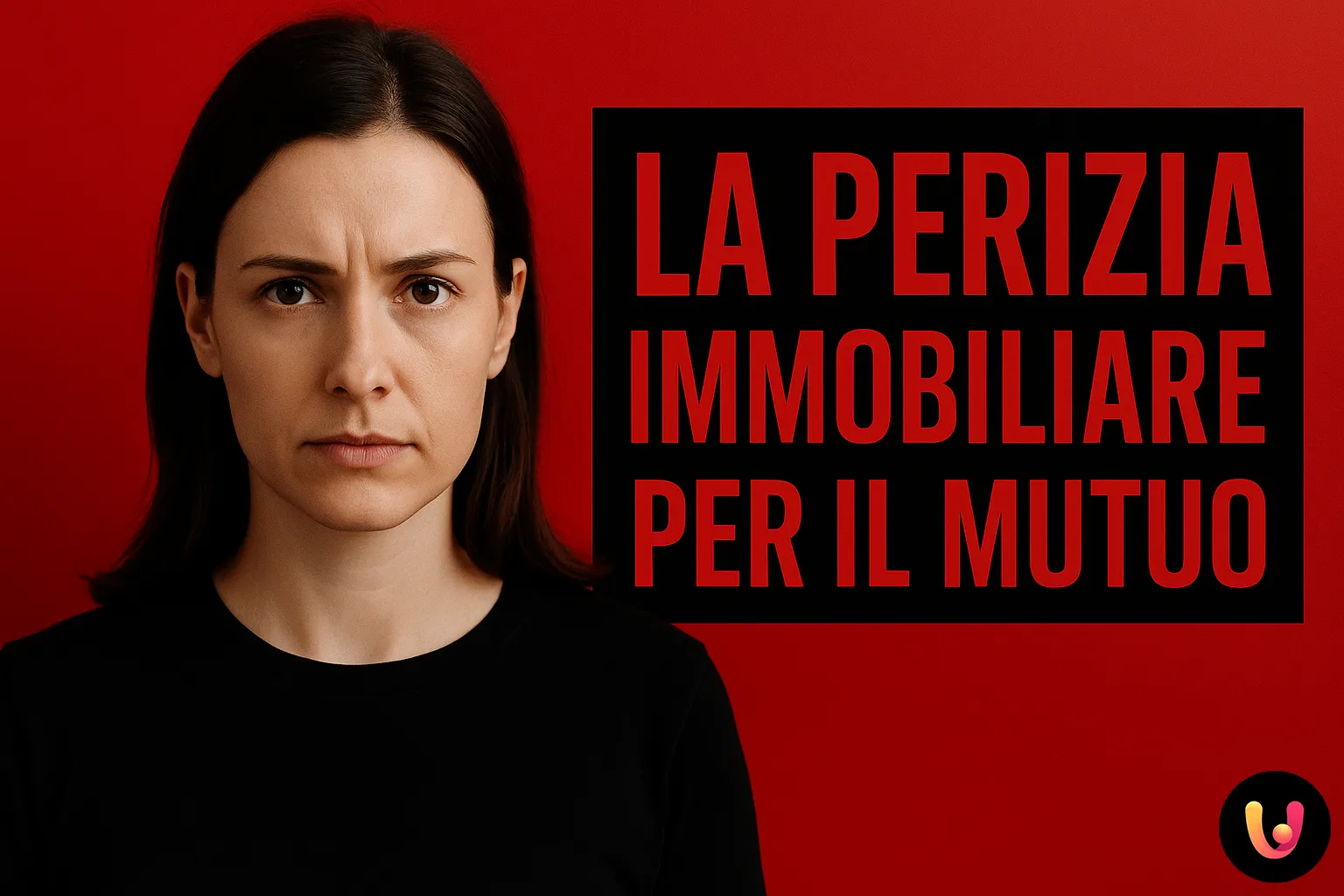 a perizia immobiliare per il mutuo: cosa sapere Donna seria con sfondo rosso e testo 'La perizia immobiliare per il mutuo