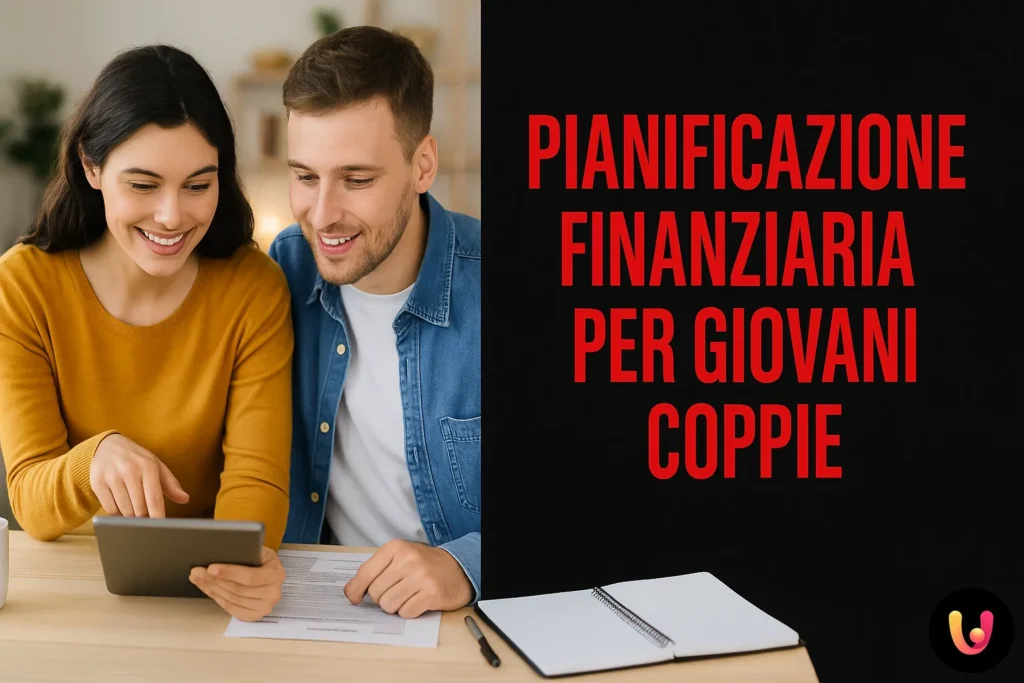 Pianificazione Finanziaria per Giovani Coppie: Costruire un Futuro Sereno Insieme Giovane coppia seduta a un tavolo con tablet e documenti effettua una pianificazione finanziaria