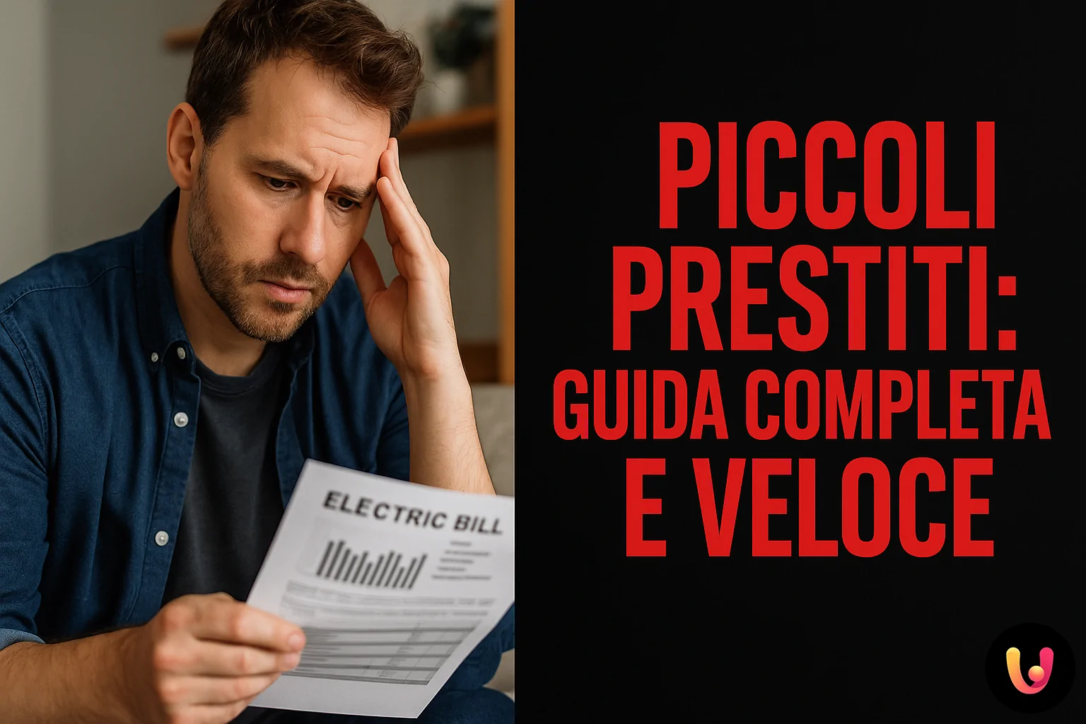 Guida ai piccoli prestiti per spese urgenti uomo preoccupato con bolletta in mano e titolo Piccoli Prestiti