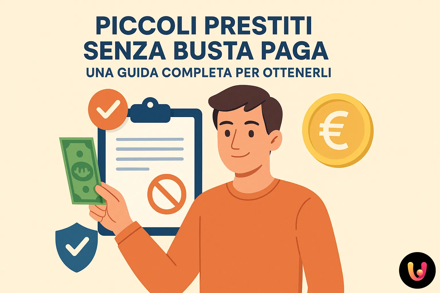 Piccoli prestiti senza busta paga: guida semplice e completa Uomo che sorride con banconota verde e simboli di prestito senza busta paga