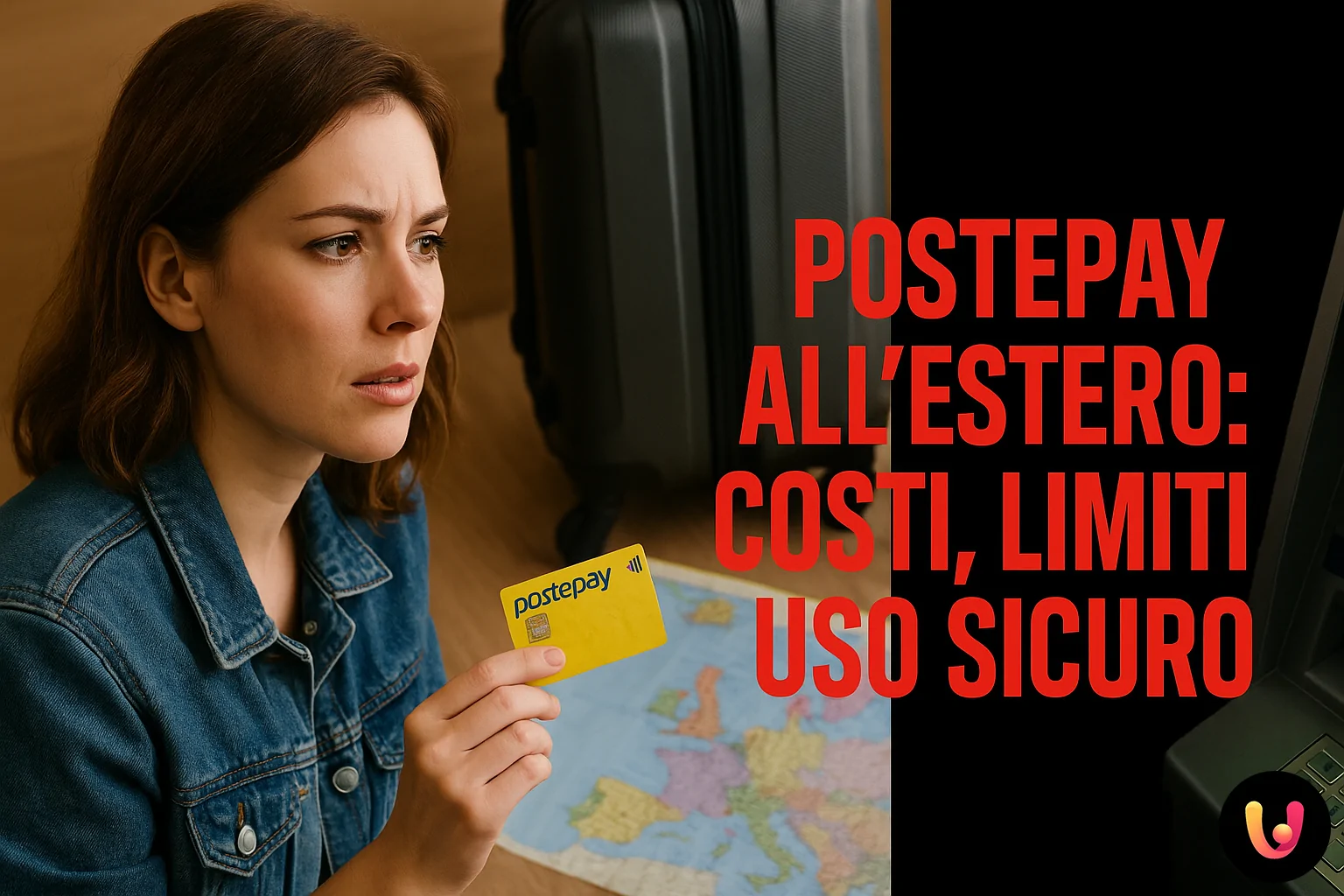 Costi e consigli per usare la Postepay all’estero Carta Postepay durante un viaggio all'estero con mappa e valigia