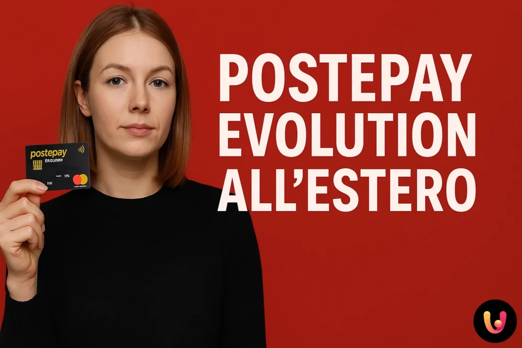 Donna con carta Postepay Evolution su sfondo rosso e nero, guida all'utilizzo all'estero