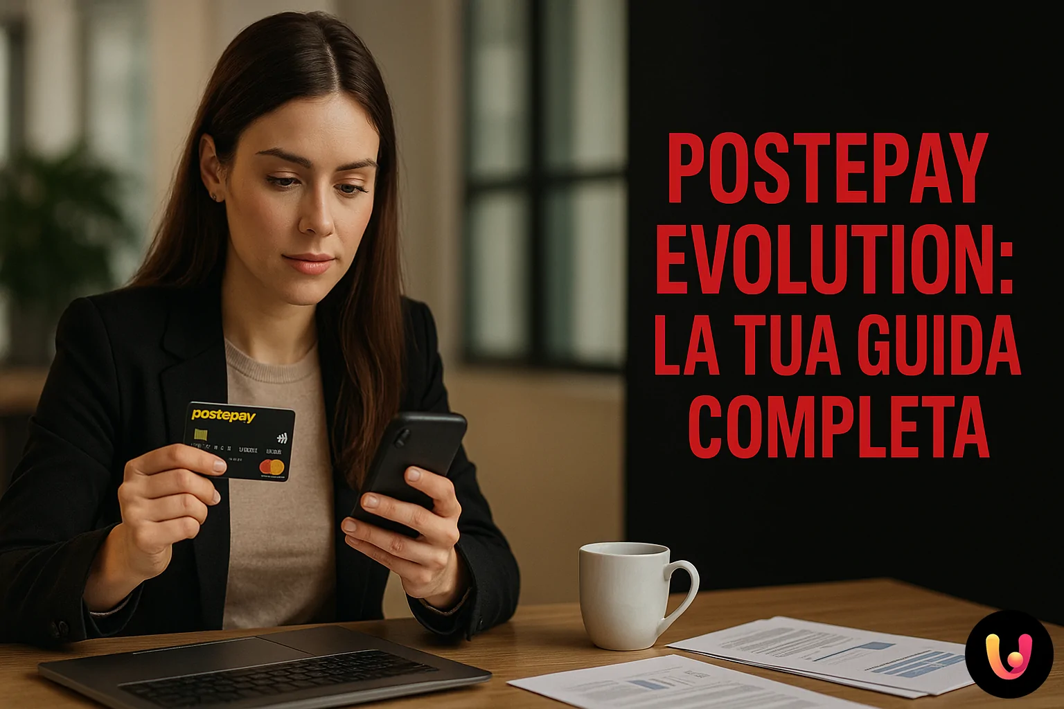 Gestione smart con Postepay Evolution: carta con IBAN Donna che gestisce finanze con smartphone e carta Postepay Evolution