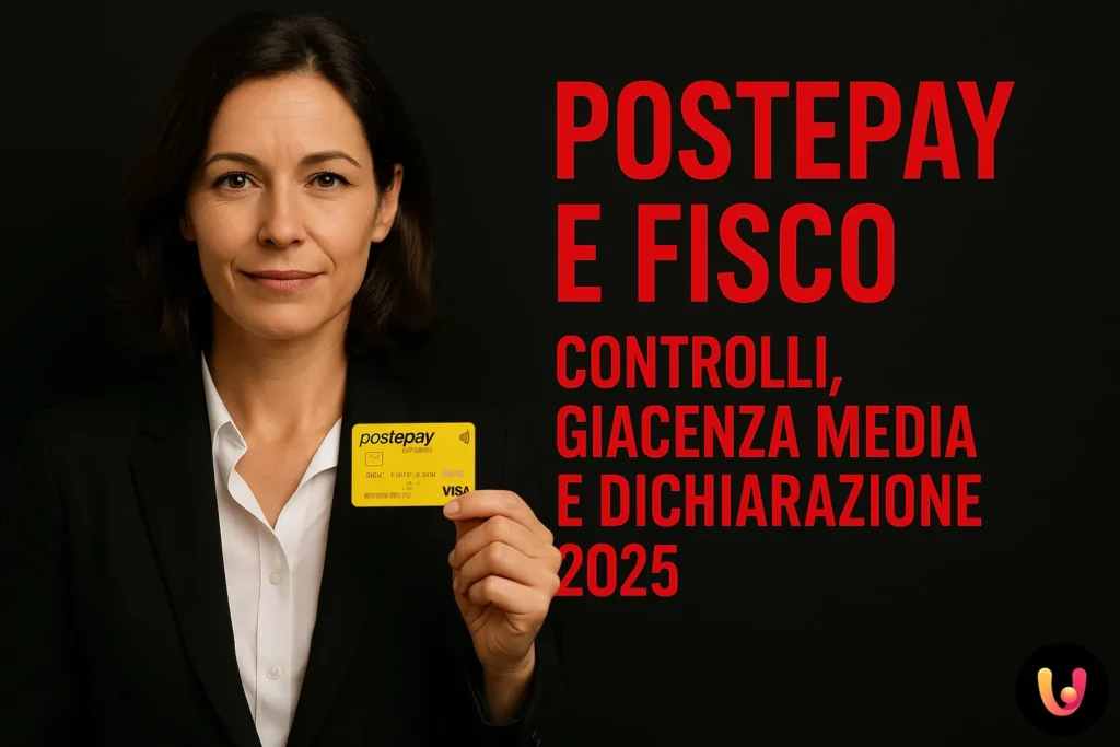 Donna professionale con Postepay in mano e scritta &ldquo;Postepay e Fisco 2025&rdquo;