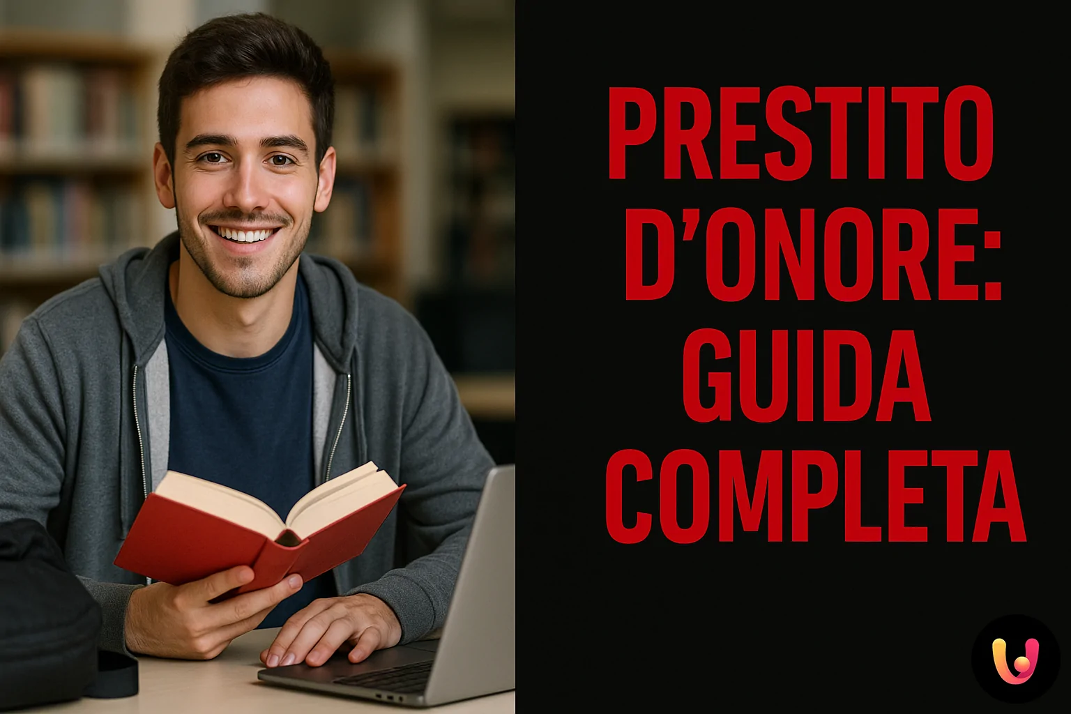 Prestito d'onore per studenti e giovani imprenditori Studente soddisfatto con libro e laptop, testo “PRESTITO D’ONORE: GUIDA COMPLETA”