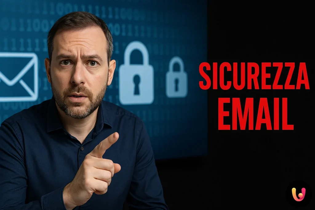 Esperto che spiega la sicurezza email, con schermo digitale e simboli di lucchetti