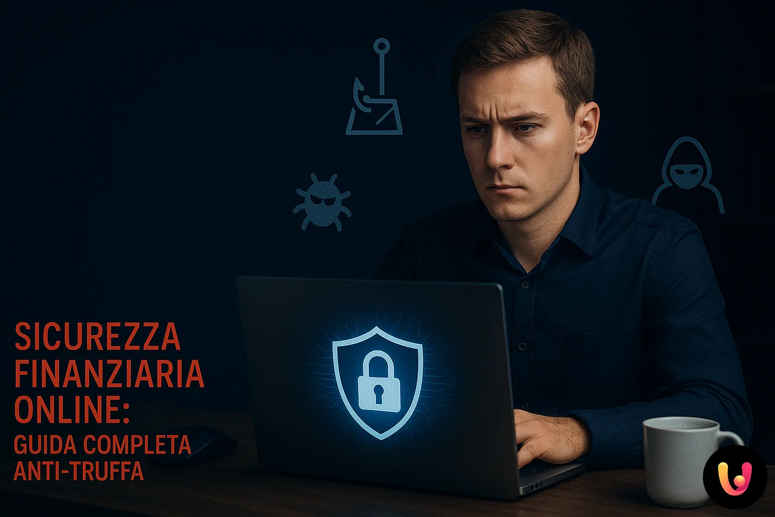 Guida completa alla sicurezza finanziaria online contro truffe Persona al computer con simboli di sicurezza online