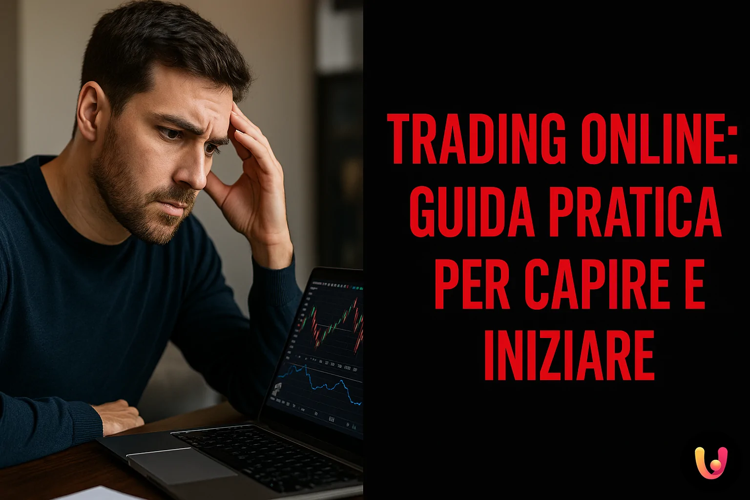 Come iniziare a fare trading online in modo sicuro Uomo preoccupato guarda grafici finanziari su laptop da una piattaforma di Trading Online