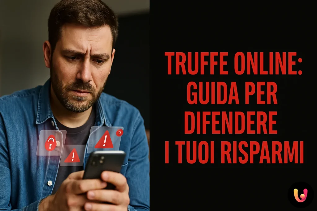 Uomo preoccupato controlla notifiche sullo smartphone per sospette truffe online