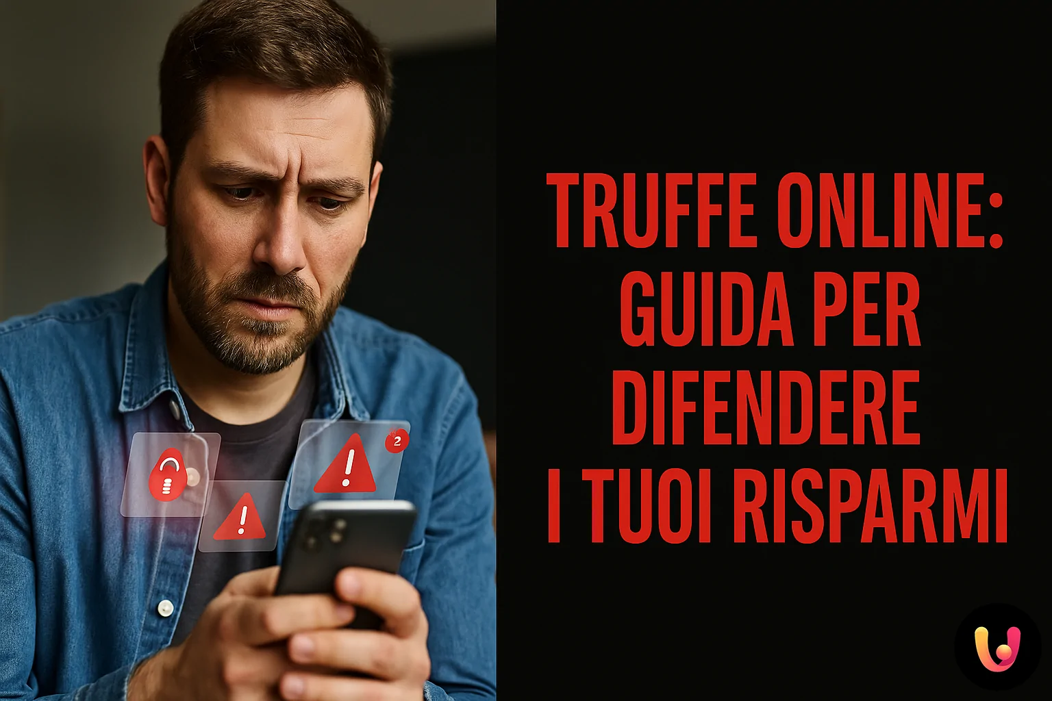 Preoccupazione per truffe digitali: come difendere i propri risparmi online Uomo preoccupato controlla notifiche sullo smartphone per sospette truffe online