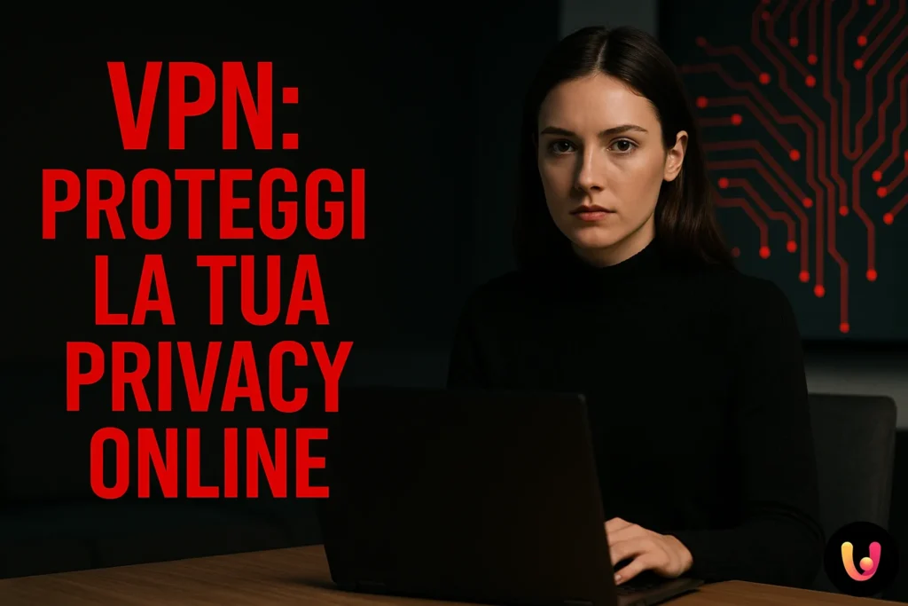 VPN: Proteggi la tua privacy online - Donna seria al computer con sfondo tecnologico