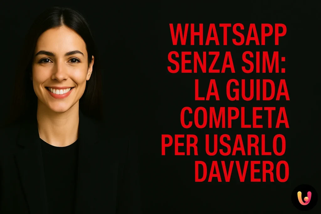 Guida completa WhatsApp senza SIM con donna sorridente su sfondo nero