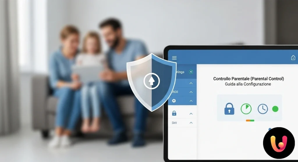 Mano che imposta le opzioni di un software di parental control su un tablet, visualizzando icone per filtri e limiti di tempo