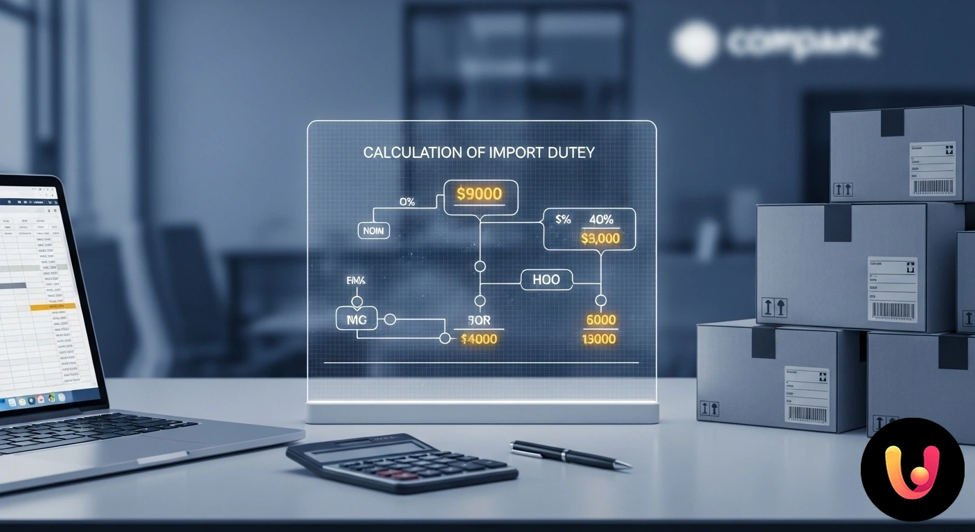 Guida al Calcolo dei Dazi Doganali per l'Importazione Mano che utilizza una calcolatrice con un terminal merci e container di spedizione sullo sfondo, a simboleggiare il calcolo d
