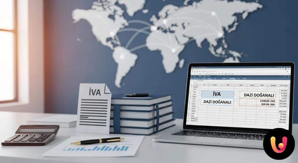 Funzionario che utilizza una calcolatrice per determinare i costi di importazione in un porto con container e navi cargo sull