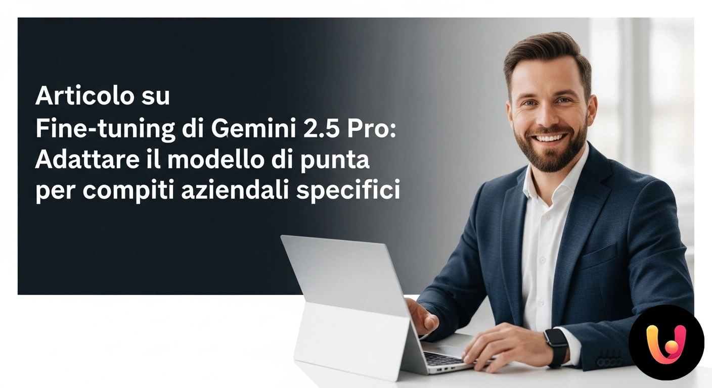 Fine-tuning Gemini 2.5 Pro: Adatta l'AI per le esigenze specifiche del tuo business. Diagramma di un modello ai centrale che si adatta, ramificandosi in nodi specializzati per compiti aziendali specifici.