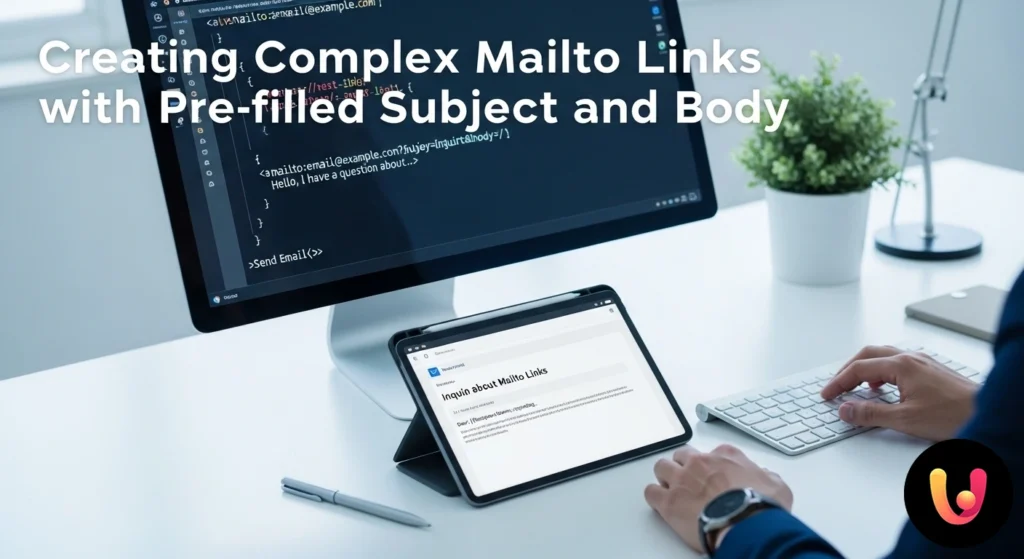 Exemple de syntaxe html pour un lien 'mailto' avec les paramètres d'objet et de corps du message mis en évidence.