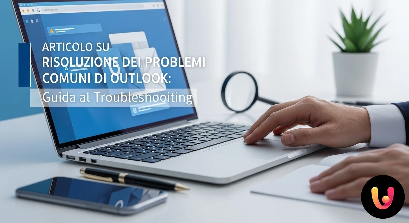 Guida rapida per risolvere i problemi comuni di Outlook. Icona dell'applicazione outlook circondata da simboli grafici che rappresentano errori, impostazioni e problemi di sincronizz