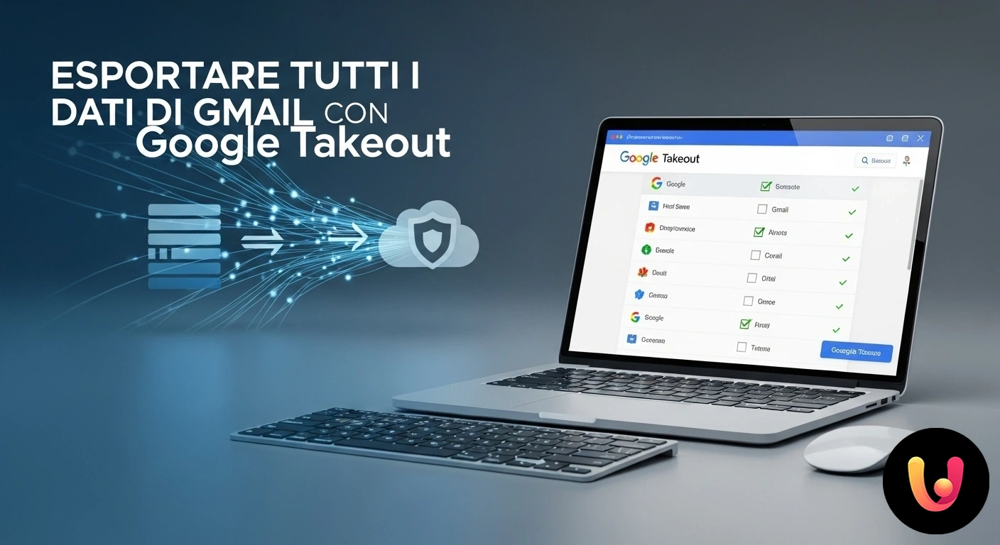 Esporta e salva un backup completo delle tue email di Gmail. Interfaccia del servizio google takeout con l'applicazione gmail selezionata per l'esportazione dell'archivio dati.