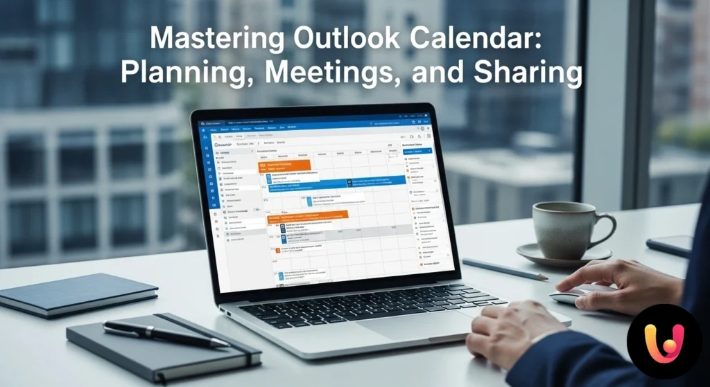 Interfaccia del calendario di outlook visualizzata su un laptop, con eventi e riunioni pianificate nella vista settimanale.