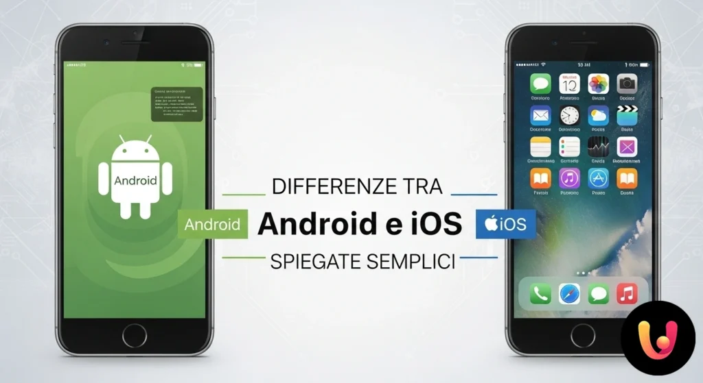 Logotipos de los sistemas operativos Android e iOS uno al lado del otro para representar la comparación entre las dos plataformas.
