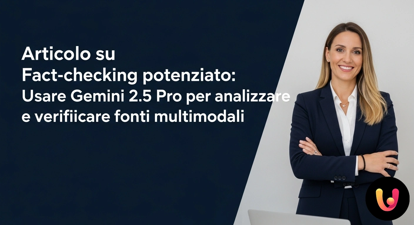 Fact-checking potenziato con AI: analizzare fonti multimodali con Gemini 2.5 Pro. Schema di un'intelligenza artificiale che analizza e verifica fonti multimodali, collegando icone di video, audio e testo.
