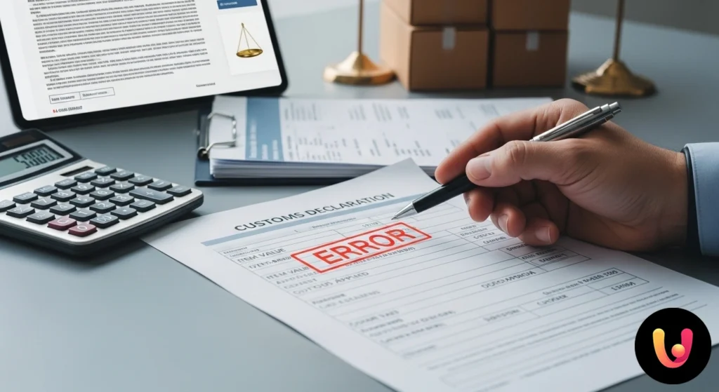 Persona che esamina attentamente una bolletta doganale, utilizzando una calcolatrice per verificare gli importi accanto a doc