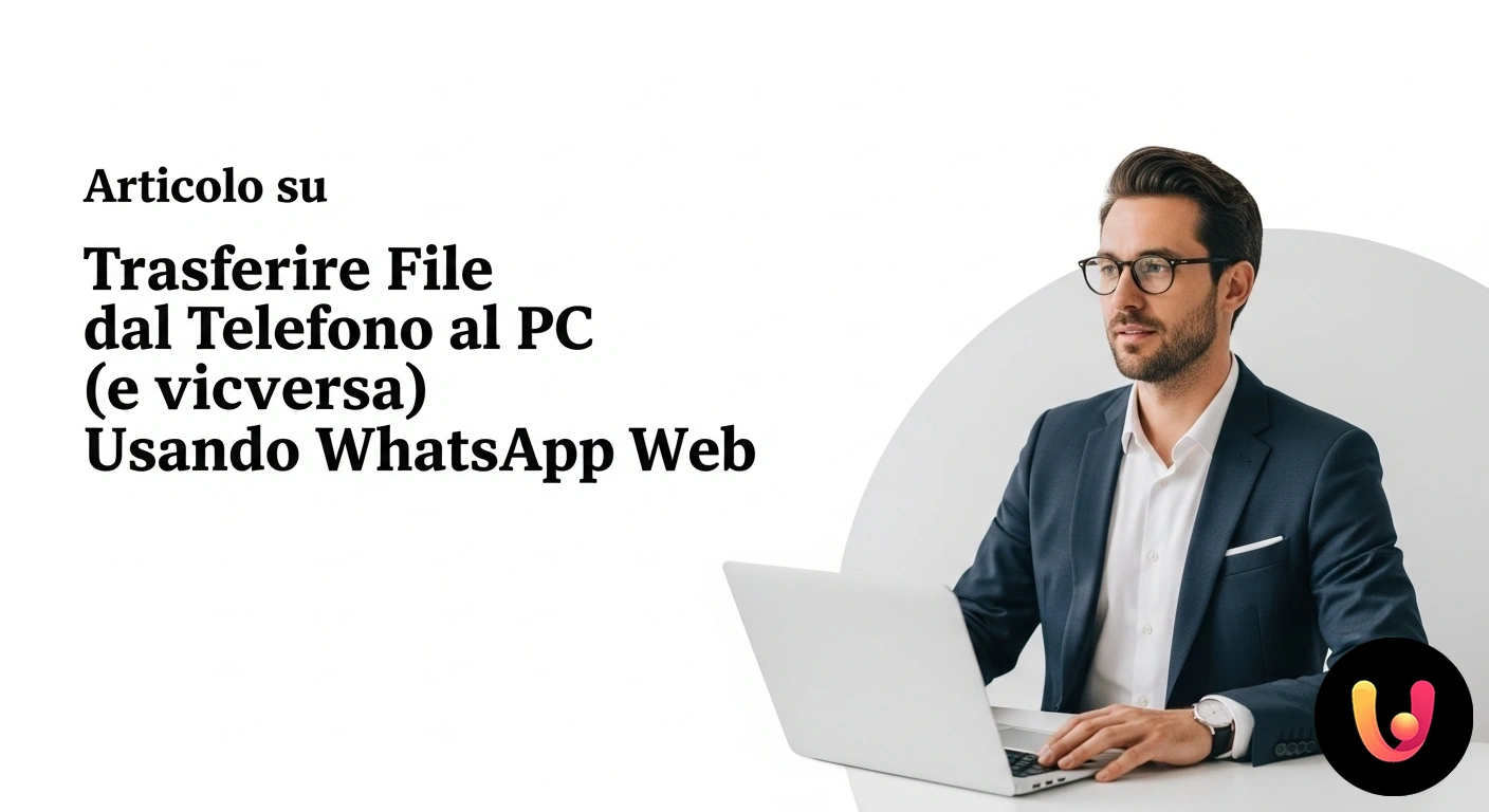 Guida al trasferimento file tra telefono e PC tramite WhatsApp Web. Smartphone e laptop affiancati che mostrano l'interfaccia di whatsapp per lo scambio di file tra i due dispositivi.