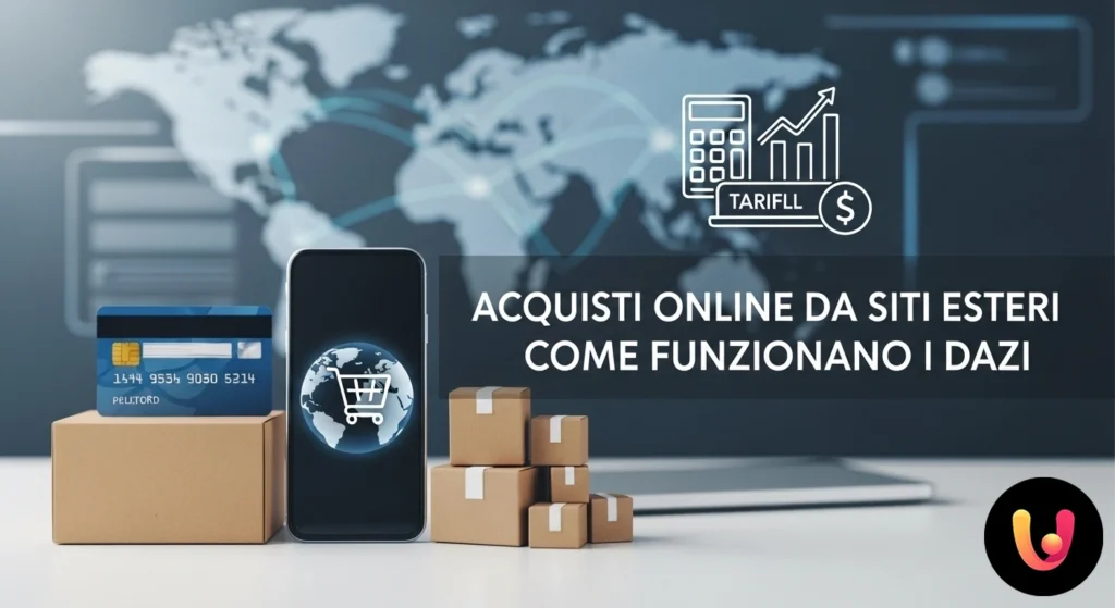 Acquisti online extra – UE: Guida a dazi, IVA e costi doganali Pacco con etichette di spedizione internazionale e timbro della dogana, rappresentativo dei dazi su acquisti da siti esteri.