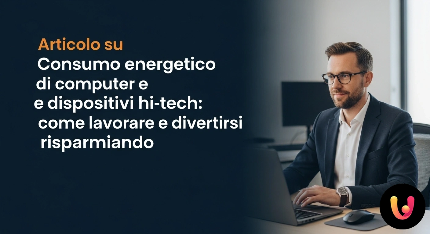 Risparmio energetico e tecnologia: guida per ridurre i consumi di PC e dispositivi. Scrivania con laptop, tablet e smartphone affiancati da una pianta, a rappresentare un uso tecnologico sostenibile.