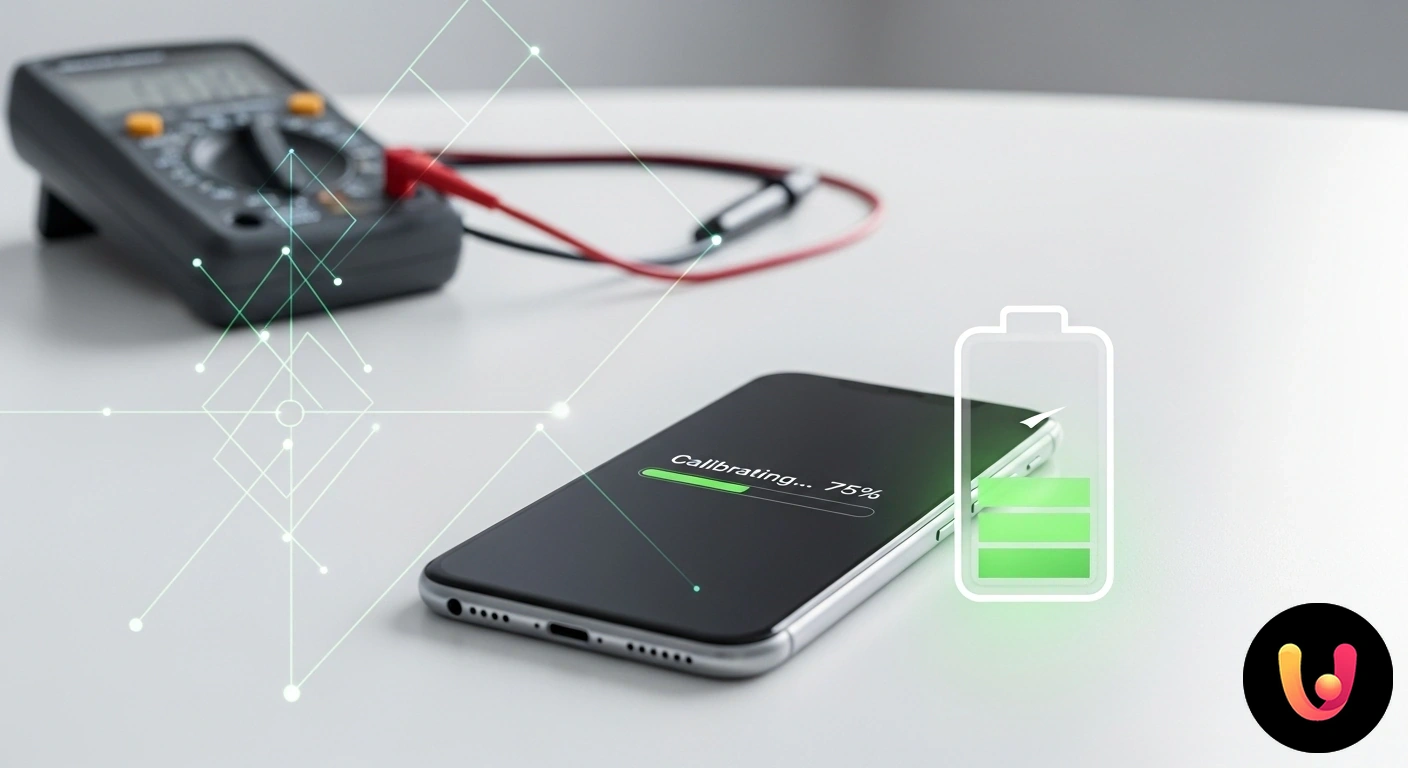 Ottimizza la durata della batteria: scopri come e quando calibrarla. Smartphone collegato a un caricabatterie, con icona di batteria e un ingranaggio che simboleggiano il processo di calibrazion