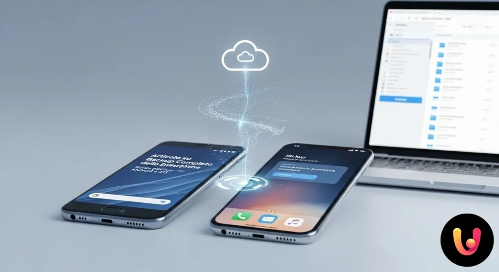 Dois smartphones, um com log&oacute;tipo android e o outro ios, que transferem dados para o &iacute;cone de uma cloud para o backup.